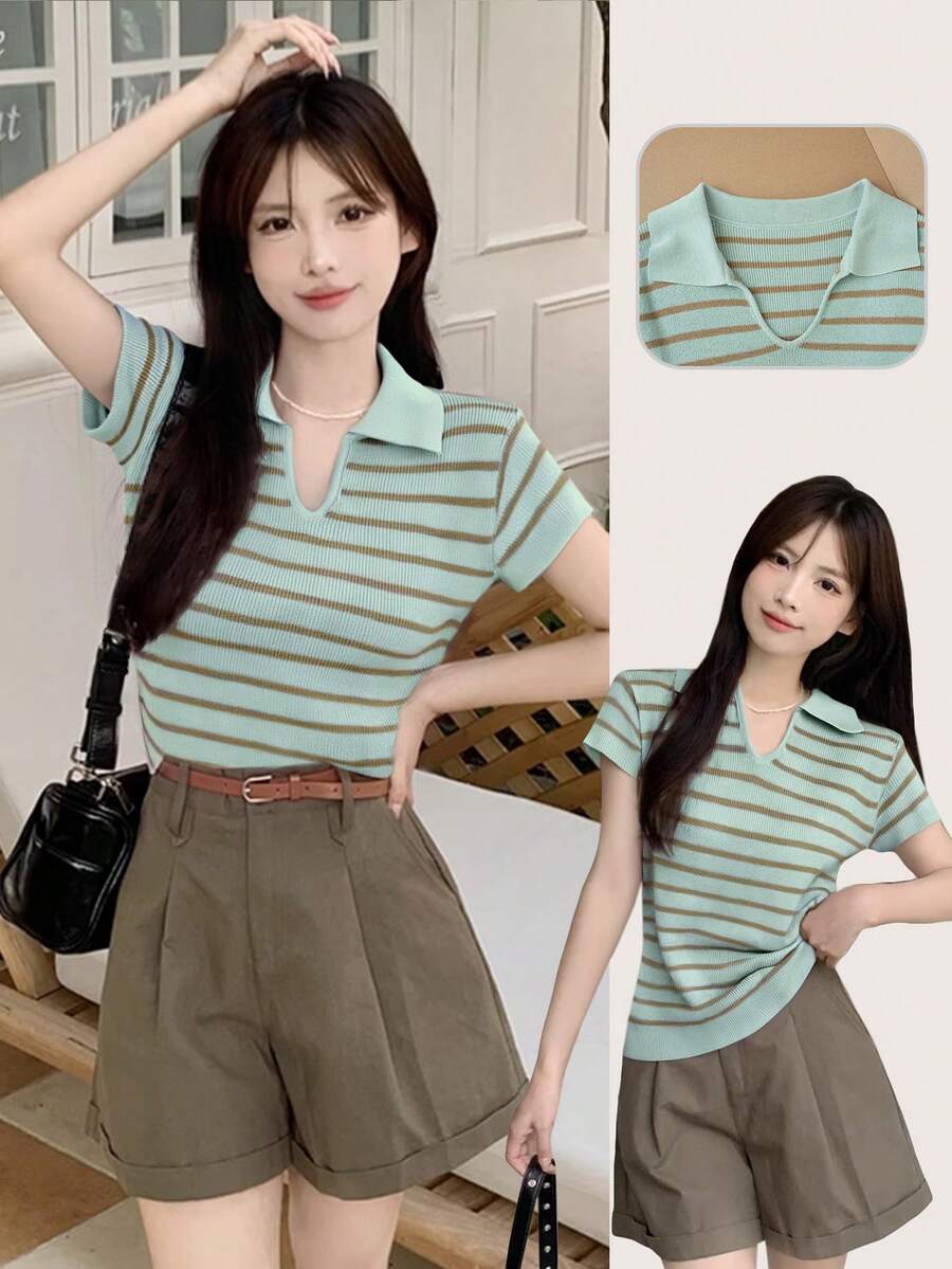 Women's Knit Top, Stylish Slimming Striped Contrast Color V-Neck Knit Sweater, Short Sleeve Summer - Blue - View 1