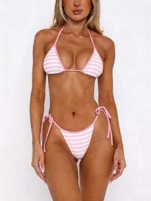 Women's Y2K Vintage Stripe Bikini Swimsuit Sets Halter Neck Bra Tops And Bottoms 2Pcs Summer Beach Vacation Outfit Bathing Swimwear Triangle Bathing Suit - 粉色 - 查看 1