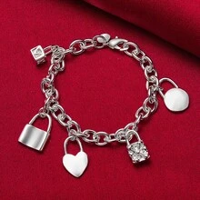 925 Sterling Silver Plated Bracelet Heart / Circle / Square Lock Bracelets Bangles Woman Man Fashion Charm Wedding Jewelry - Silver - View 2