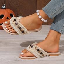 Women's Casual Flip Flops, Bohemian Beaded Round Toe Slip-On Sandals For Summer - Beige - View 5