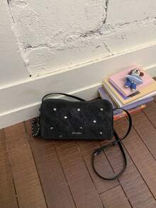 休闲字母印花斜挎包，复古星星和爱心设计，女士单肩包，春季款 - 黑色 - 查看 4