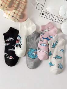 5双装男女通用春秋季卡通鲨鱼印花短袜，透气低帮踝袜 - 彩色 - 查看 14