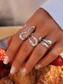 Frminee 3pcs/1pc Chunky Gold Stacked Stainless Steel Ring For Women, 18K Gold Plated Statement Open Stacking Ring With Knuckle Strap Ring - Silver - View 5