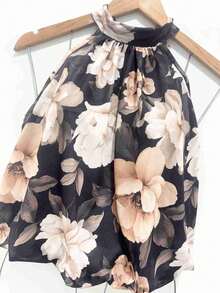 Stylish Women's Floral High Neck Blouse - Marrón Mocha - Ver 2