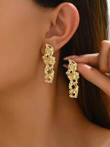 1对不对称几何金属长款吊坠耳环，休闲百搭，适合女性 - 金色 - 查看 2