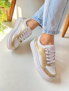 Women's Casual Flatform Sneakers - Comfortable For Everyday Use, Gym, And Casual Wear - 金色 - 查看 4