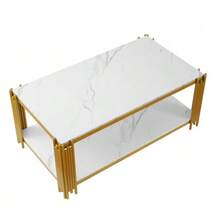 Rectangular Coffee Table With Metal Legs And Marble-Effect Top, Modern Living Room Furniture, White And Gold – H 46/W 1140/D 64 Cm - View 9