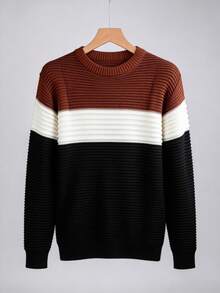 Men's Knitted Sweater, Round Neck, Long Sleeves, Premium Wool, Basic And Comfortable Winter Clothing - Gola Marrom - 查看 1