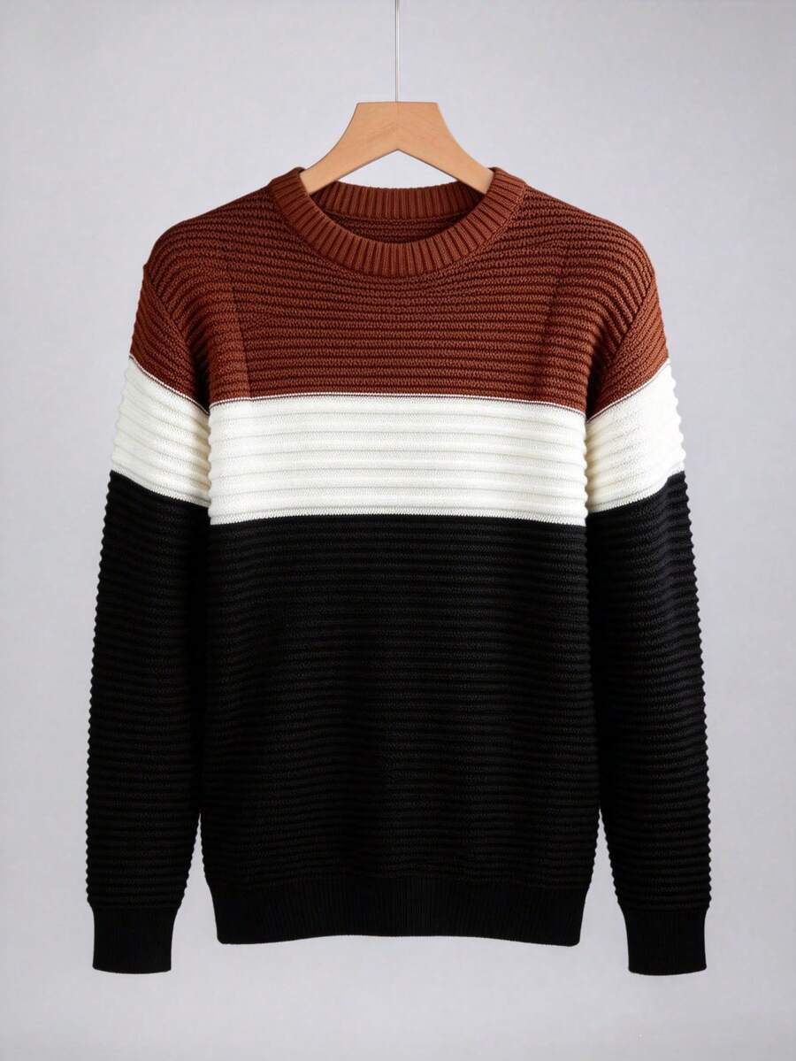 Men's Knitted Sweater, Round Neck, Long Sleeves, Premium Wool, Basic And Comfortable Winter Clothing - Gola Marrom - 查看 1