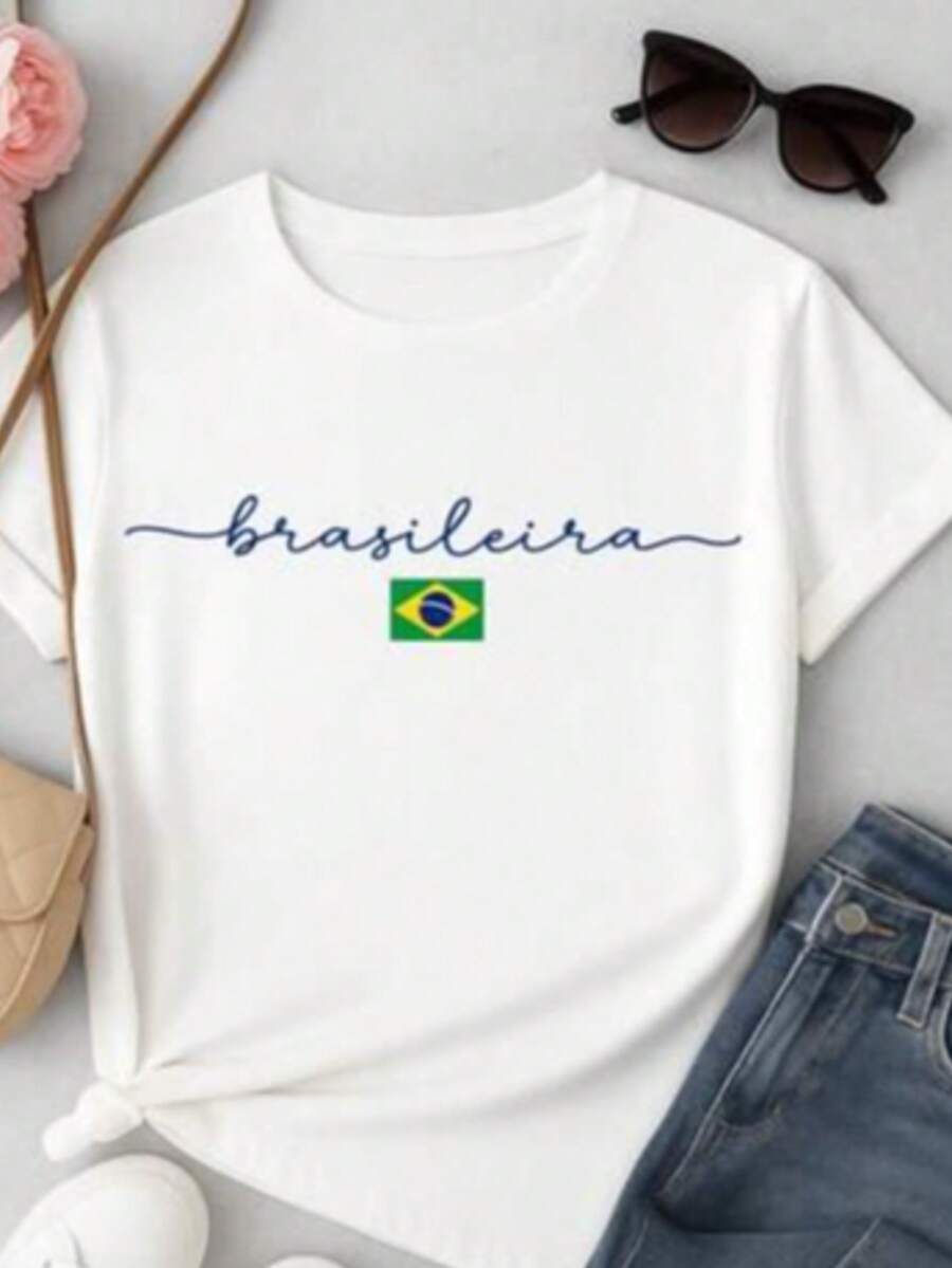 Women's T-Shirt With A Delicate Brazil Print, Comfortable And Ideal For The World Cup. 100% Cotton, Comfortable Fabric. - 白色 - 查看 1