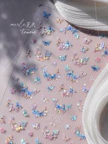 1片装奢华水钻蓝色蝴蝶美甲贴纸，美甲师必备，3D立体浮雕工艺，闪亮珠光蝴蝶与冰晶设计，自粘式美甲贴，可重复使用DIY美甲贴纸，女士礼物，美甲用品，优雅配饰礼品 - 藍色 - 查看 7