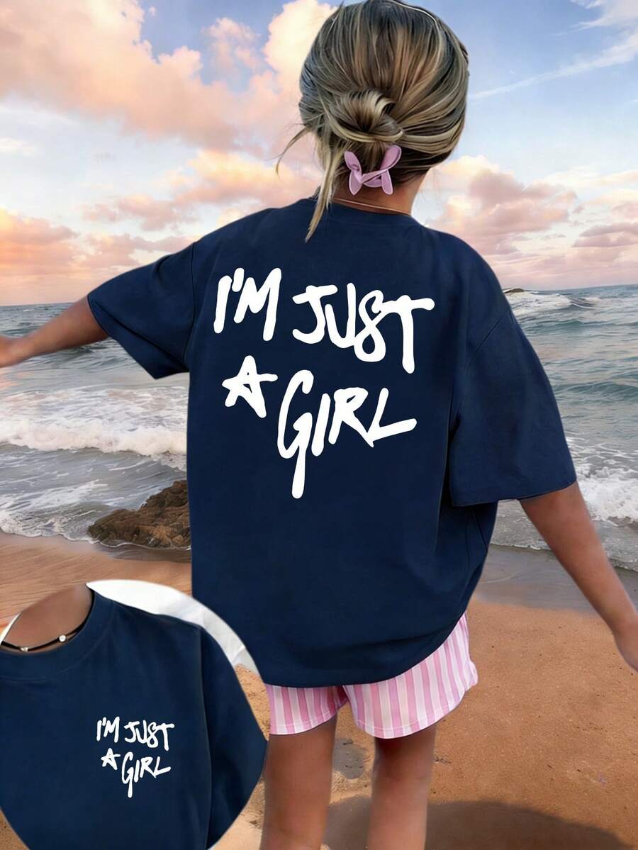 Tween Girl Casual Funny Print Crew Neck Short Sleeve T-Shirt, Summer Top - Navy Blue - View 1