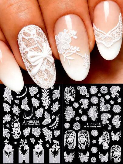 2 piezas Pegatinas de uñas con estampado floral de encaje francés en relieve, encaje blanco con diseño floral, hojas y plantas, decoraciones de uñas elegantes para bodas, pegatinas de uñas autoadhesivas, suministros para salón de manicura DIY