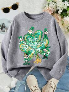 This Disney Girls' Sweatshirt Features A Creative St. Patrick's Day Themed Print Of Mickey Mouse And His Friends. It's A Crew Neck Sweatshirt Perfect For Autumn And Winter, Made Of Soft And Comfortable Fabric, Suitable For Everyday Wear, Shopping, School, And Casual Occasions. It Also Makes A Wonderful Gift. - Grey - View 1
