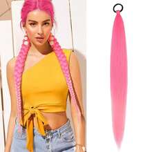 Extensiones de cabello morado de 24 pulgadas con banda elástica, cabello sintético trenzado liso para peinados de trenzas y coletas DIY - Multicolor - Ver 9