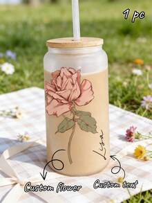 1pc Personalized Birth Flower Glass Cup, Customized Bridesmaid Wedding Gift, Mother's Day Valentine's Day Present, Outdoor Picnic Cup - Multicolor - View 2
