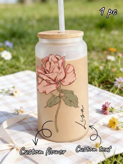 1PC Personalized Birth Flower Glass Tumbler, Custom Gift For Bridesmaid, Wedding Favor, Mother's Day & Valentine's Day Gift, Outdoor Picnic Cup