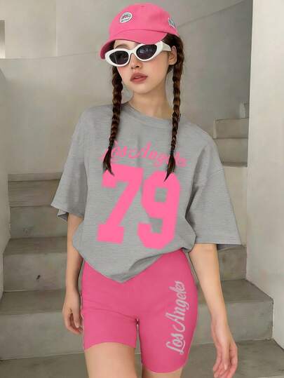 两件套少女休闲夏季套装，时尚数字印花运动短袖T恤和紧身裤，适合春夏季节、返校季、户外/居家/旅行穿着