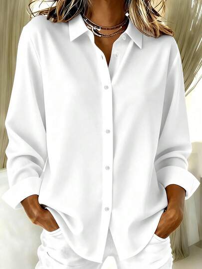 Mother's Day Casual Solid Color Plus Size Women Button Down Collar Long Sleeve Shirt Blouse