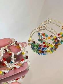 2 đôi bông tai khoen tròn đính hạt hình học phong cách Bohemian, kiểu dáng cổ điển thanh lịch với chất liệu kim loại, ngọc trai giả và pha lê nhiều màu sắc, phù hợp cho nữ giới đeo hàng ngày, dự tiệc, lễ hội, du lịch, làm quà tặng trang sức. - Nhiều màu - Xem 5