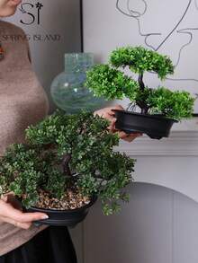 1pc Artificial Potted Plant Tree, Light Green Leaves With Black Planter, Approx. 20cm Tall, Artificial Green Plant, Suitable For Home And Office Decor | Ideal For Bookshelf, Desk, Bathroom | Rustic Style, Holiday Decor, Valentine's Day, Spring/Summer Decoration, Home Accessory - Green -b - View 7
