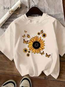 Women's Sunflower Butterfly Shirt, Casual Basic Style, 100% Cotton, Summer Style With Round Neck. - 卡其色 - 查看 2