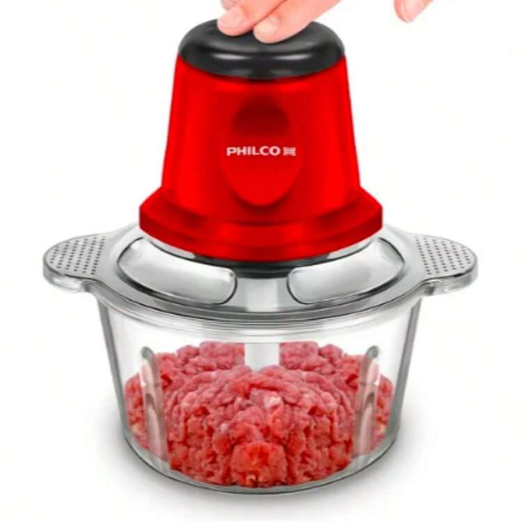 Procesador Picador De Alimentos electrico Philco  capacidad de 1.8 litros, potencia de  250w, tritura carne, verdura, hielo sin esfuerzo, 4 cuchillas de acero inoxidable, color rojo - Tipo de Enchufe A USA (110-127V) - Añade 4
