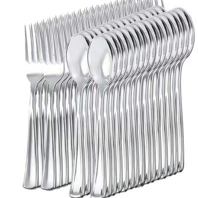 Silver Flatware Set; Fork, Spoon, Cake Fork, Dessert Spoon, Salad Fork, Pasta Fork And Spoon, Washable And Reusable, Premium Tableware, Suitable For: Birthday, Wedding, Party, Family Gathering, Team Building, Outdoor BBQ, Camping, Banquet, School Supplies, Graduation Ceremony, Holiday Party And More Occasions (Full Tableware Set, Full Kitchen Utensils Set, Flatware, Gold Flatware)