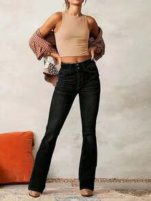 Jeans de mujer con diseño de doble botón elástico, pierna acampanada versátil y casual - Negro - Ver 4