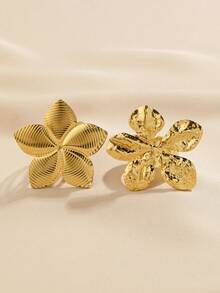 2pcs Stainless Steel Fashion Exaggerated Gold-Colored Flower Open Ring Set, Suitable For Women's Daily Wear Or Gift Giving - Yellow Gold - View 3