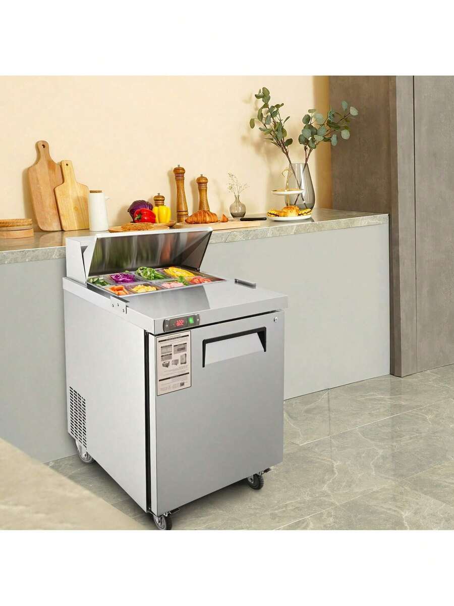 Sandwich Prep Table, 7.42 Cu. Ft. Salad Single-Door Refrigerated Prep Table, 28-Inch Food Prep Fridge, Commercial Stainless Steel Prep Refrigerator Table For Restaurant, Bar, Shop, Silver - 銀色 - 查看 1