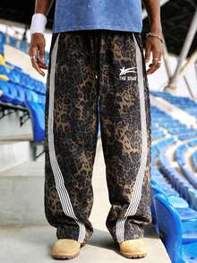 EVRINFINITE 男士时尚街头风格 Y2K 丛林豹纹印花运动裤，秋季必备单品 - 棕色 - 查看 1