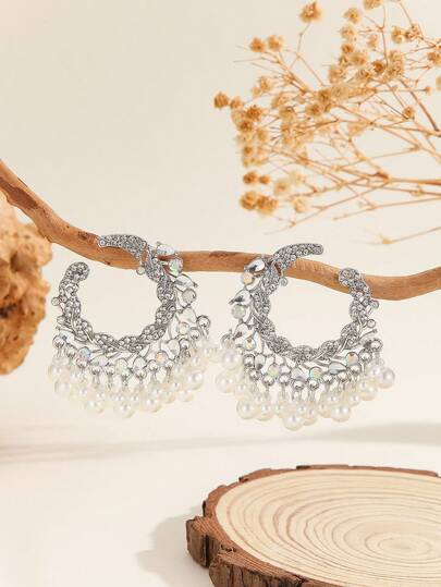 1 Pair Luxurious Fashion Elegant Full Rhinestone Flower Wreath Earrings With Faux Pearl Tassel Crescent Earrings, Suitable For Women And Girls For Daily Wear, Festivals, Weddings And Parties/Jewelry Gifts