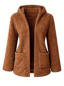 Women's Teddy Animal Print Hooded Jacket – Leopard Style With Fur Pockets - Everyday Wear - Rust Brown - View 7
