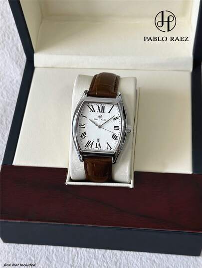  Pablo Raez 1件装时尚商务男士腕表，酒桶形表壳，全新AAA级奢华男士腕表，棕色黑色皮革表带，原装罗马数字，50米防水，简约休闲日历时钟，男士不锈钢酒桶形腕表，特别流行热销石英表，日期显示，高品质男士腕表，日常佩戴，送给父亲或男性朋友的礼物，学生风格，适合派对装饰、生日、毕业典礼、婚礼等场合。