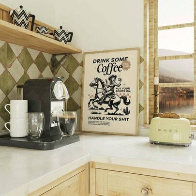 1件咖啡角墙饰 | 咖啡语录海报，西部厨房艺术，公寓装饰画，咖啡牛仔艺术，“喝杯咖啡，穿上你的靴子”，适合家居装饰、房间装饰、卧室装饰、客厅装饰、浴室装饰、墙面装饰，可选带框墙饰