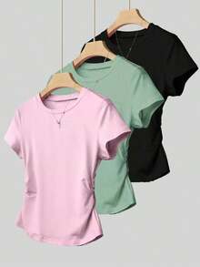 A Simple Solid-Color Short-Sleeved T-Shirt Set For Women, Suitable For Daily Wear And Easy To Match With Various Outfits. Includes 1 Piece - 多色 7 - 查看 1