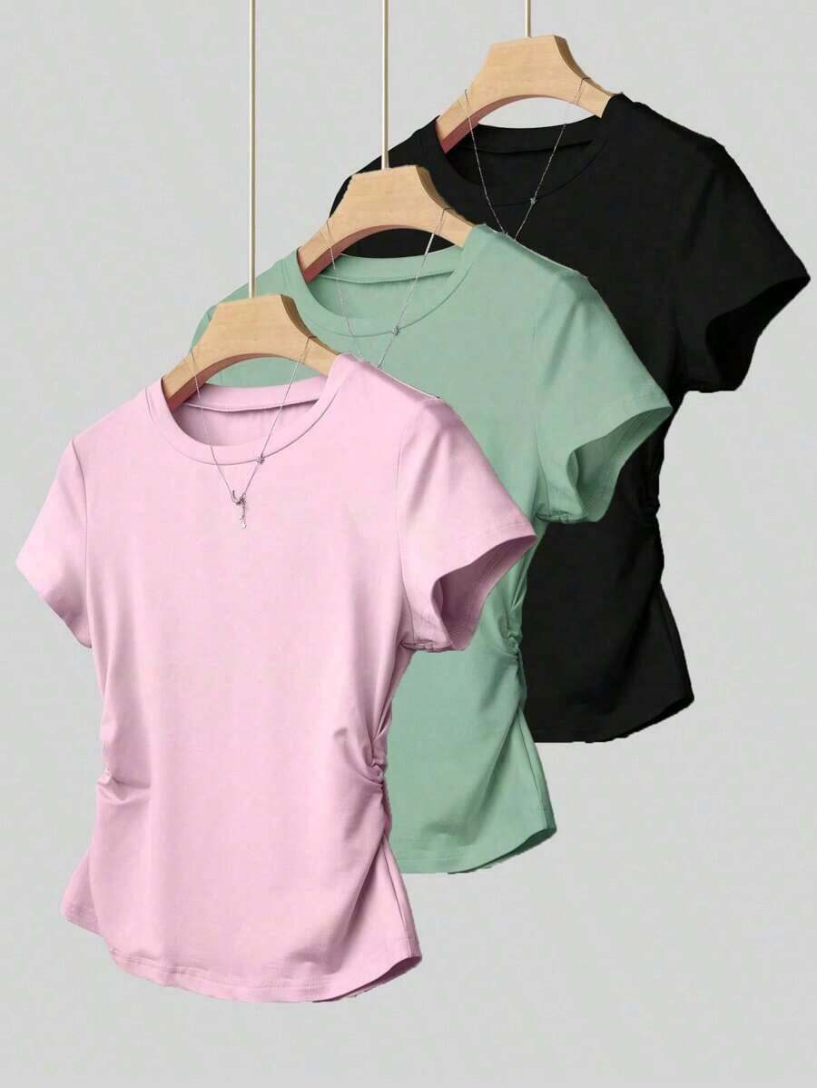 A Simple Solid-Color Short-Sleeved T-Shirt Set For Women, Suitable For Daily Wear And Easy To Match With Various Outfits. Includes 1 Piece - 多色 7 - 查看 1