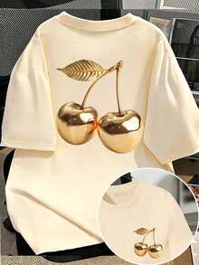 少女休闲印花圆领短袖T恤，夏季上衣 - 杏色 - 查看 1