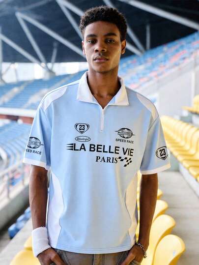 EVRINFINITE 男士纯色拼接前拉链短袖字母印花 Polo 衫