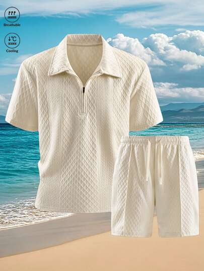 Bộ áo polo và quần short nam mùa hè, chất liệu vải dệt họa tiết, thoáng mát, thích hợp cho đạp xe, chạy bộ, cắm trại, leo núi, đi biển, du lịch, mặc hàng ngày và thường nhật.