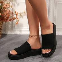 Women's Chunky Platform Sandals Slip On – Open Toe Knit Flatform Slides Comfortable Summer Casual Shoes - 黑色 - 查看 5