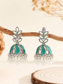 1 Đôi bông tai kiểu Bohemian thanh lịch hình lá đính pha lê và tua rua ngọc trai giả, kiểu dáng hoa văn độc đáo (Jhumki), thích hợp cho phụ nữ và bé gái đeo hàng ngày, dự lễ hội, đám cưới và tiệc tùng/Quà tặng trang sức - Cổ điển - Xem 8