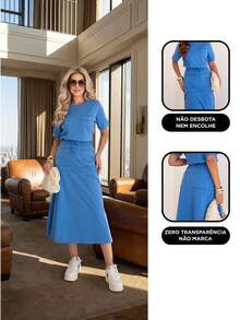 100% Cotton Mesh Skirt Set With Elastic Waist Lining Short Sleeve Women's Fashion Stylish Modern T-Shirt Adjustable Evangelical Fashion - 藍色 - 查看 5