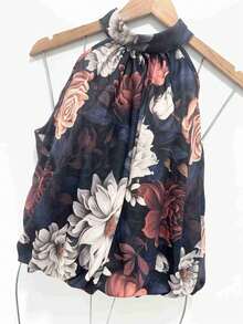Stylish Women's Floral High Neck Blouse - 藏蓝色 - 查看 2