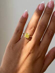 Stylever 1枚925纯银方形单钻立方氧化锆戒指，女士时尚结婚周年纪念礼物，精致珠宝，日常装饰 - 黃色石 - 查看 3