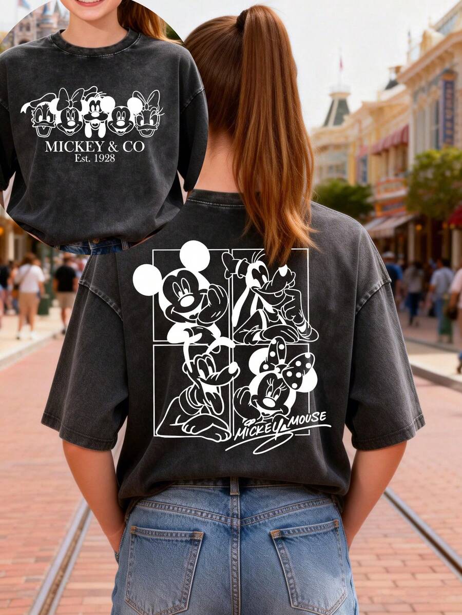 This Disney Women's T-Shirt Features A Creative Mickey Mouse And His Friends Cartoon Print. It's A Spring/Summer Style Crew Neck Retro Washed Cotton T-Shirt, Made Of Soft And Comfortable Pure Cotton Fabric, Suitable For Everyday Wear, Shopping, Travel, And Casual Occasions. It Also Makes A Wonderful Gift. - 黑色 - 查看 1