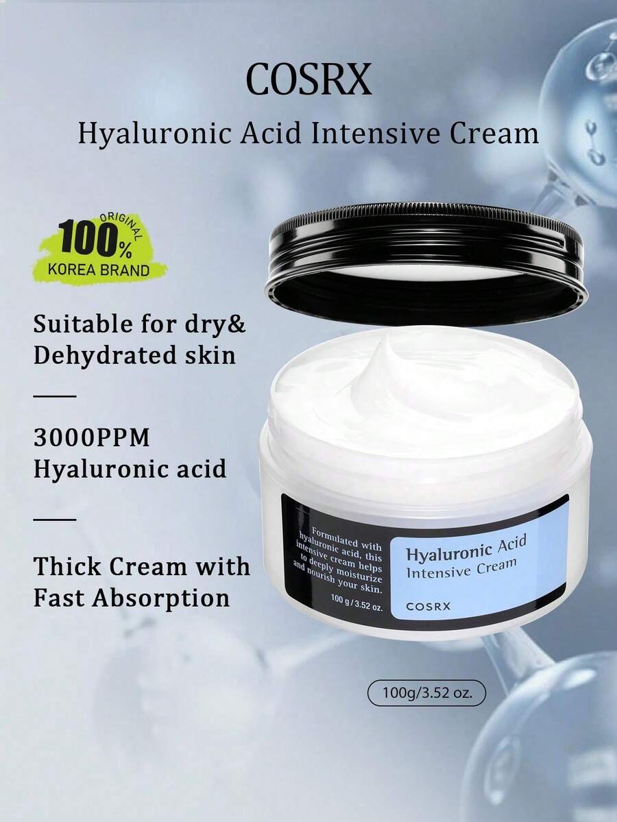 COSRX 100克/3.52盎司玻尿酸密集保湿霜，质地轻盈柔滑，清爽不油腻，深层补水，修复肌肤屏障，舒缓敏感肌肤，韩国化妆品