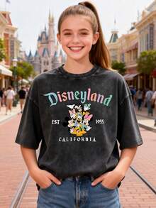 This Disney Women's T-Shirt Features A Creative Double-Sided Print Of Mickey Mouse And His Friends' Lettering And Cartoon Designs. It's A Spring/Summer Style Crew Neck Retro Washed Cotton T-Shirt, Made Of Soft And Comfortable Pure Cotton Fabric, Suitable For Everyday Wear, Shopping, Travel, And Casual Occasions. It Also Makes A Wonderful Gift. - Black - View 2