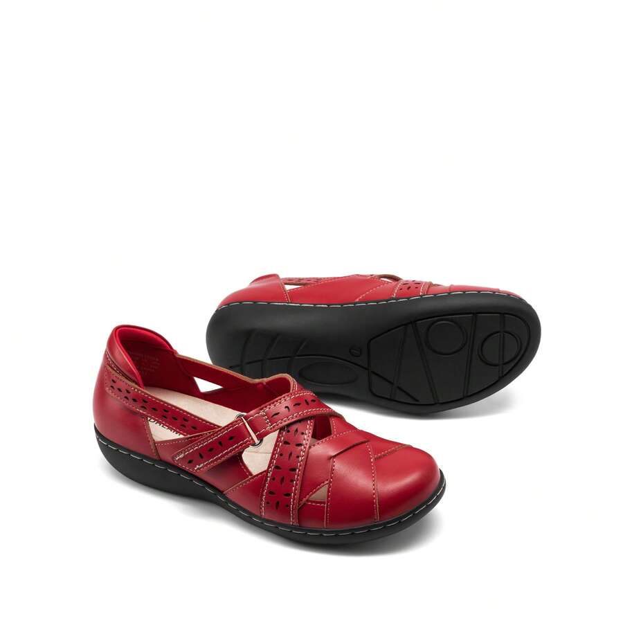 Women Comfortable Loafers Arch Support Mary Jane Style Slip On Casual Walking Hollow Cutout Flats Loafers Closed Toe Work Shoes - Đỏ - Xem 1